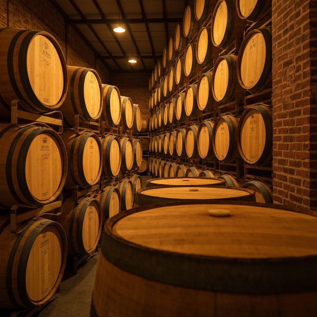 Rows of whiskey barrels in a warehouse — Island Barrel Company wholesale distribution