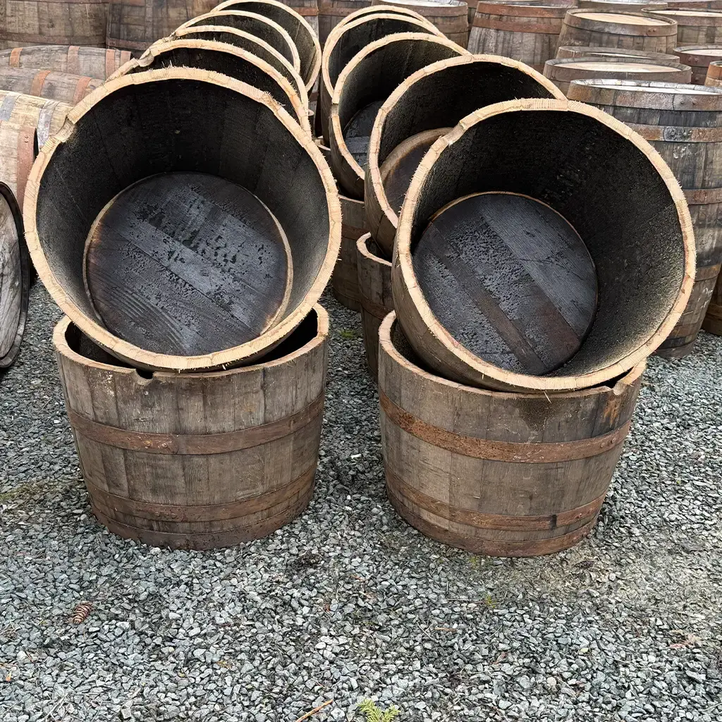 Half whiskey barrel planters for sale near Parksville on Vancouver Island